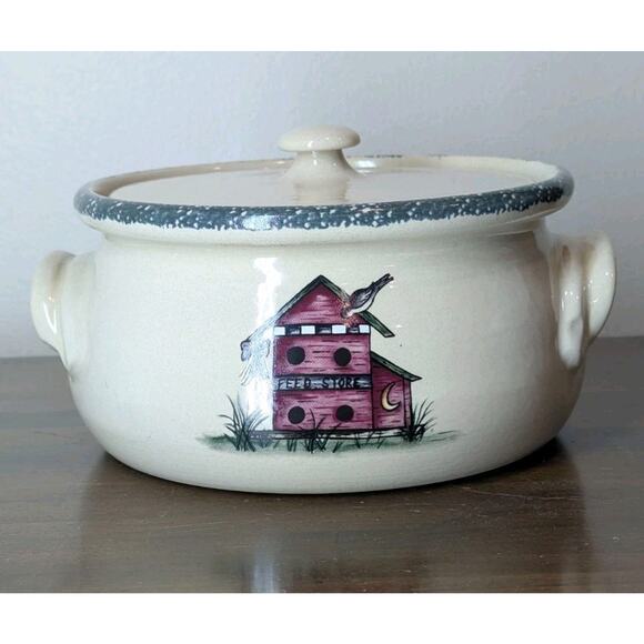 Vintage Home and Garden Party Stoneware Bean Pot With Lid Bird House Design 2001 - Picture 2 of 11